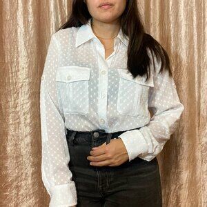 Vintage Ellen Tracy Sheer White Polka Dot Button Down Blouse
